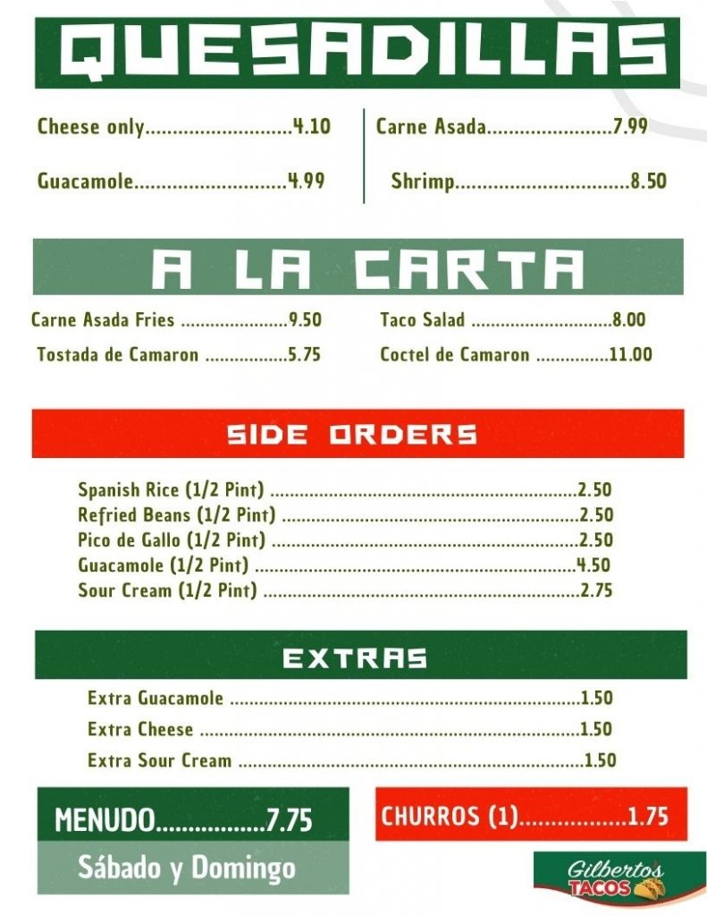 Gilbertos Tacos Mexican Restaurant Menu 14