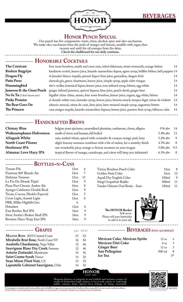 Honor Kitchen Cocktails Menu 10 Emeryville