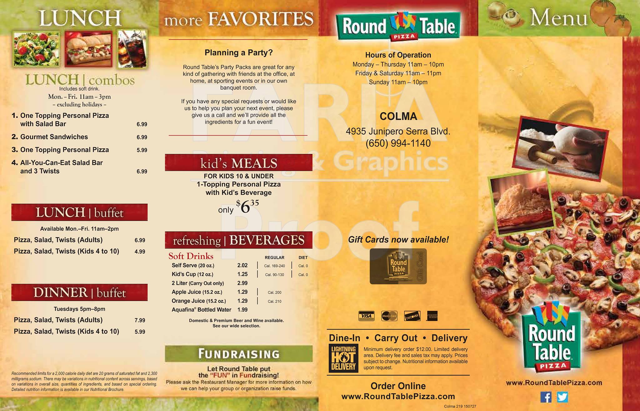 Round Table Pizza Menu Colma Ca 94014