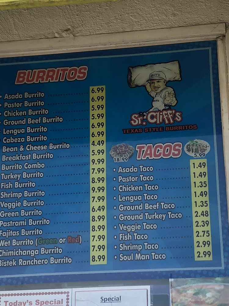 Sr. Cliffs Texas Style Burritos Menu 1