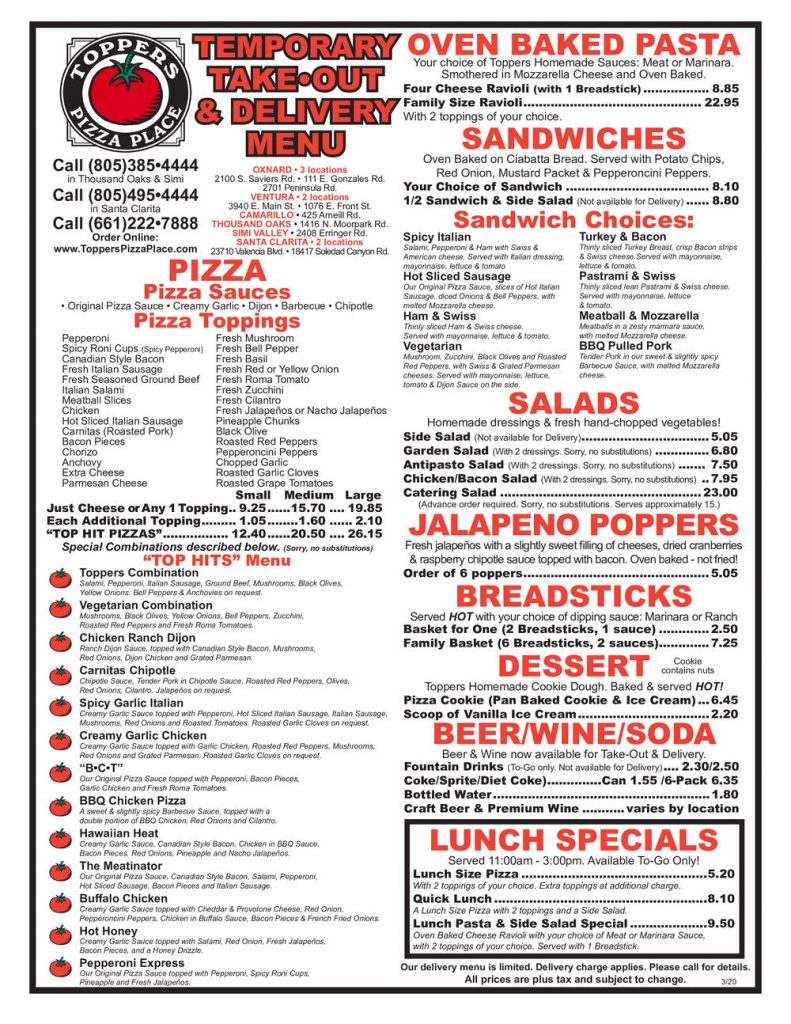 Toppers Pizza Menu 1