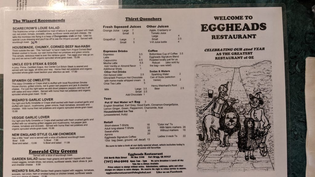 Eggheads Restaurant Menu 10 Fort Bragg