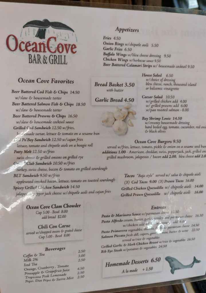 Ocean Cove Bar and Grill Menu 1