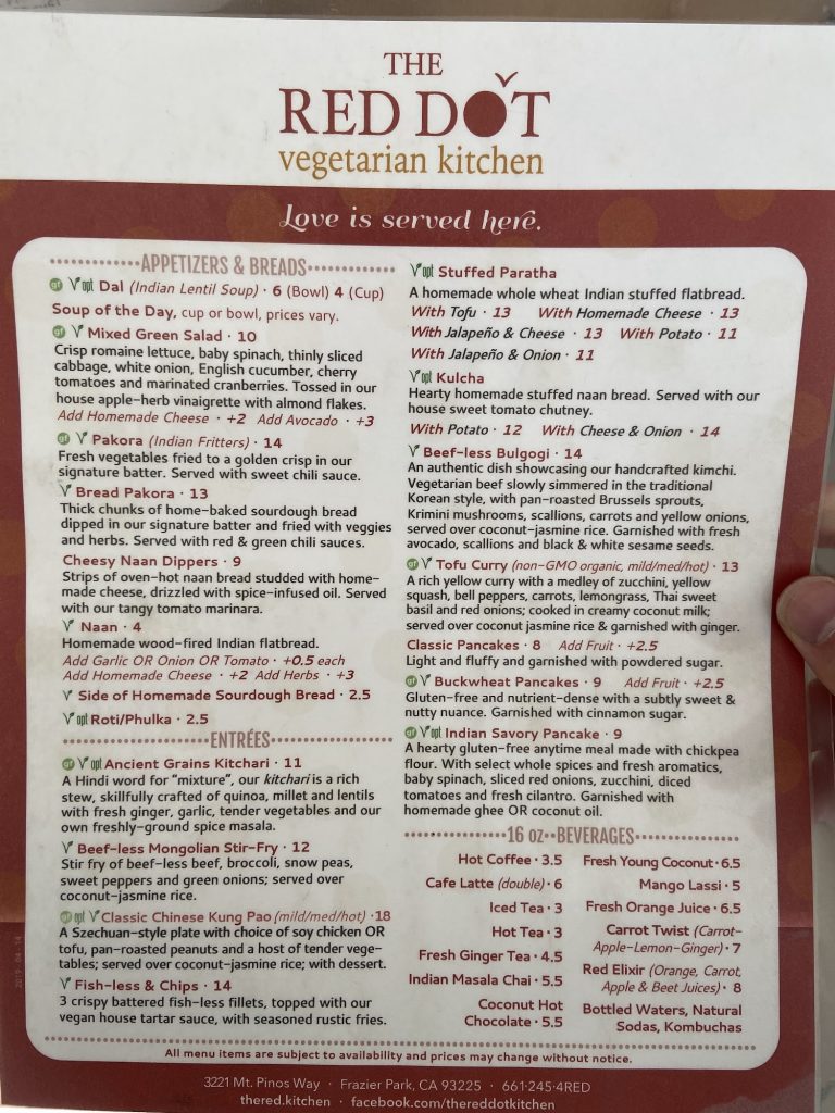 The Red Dot Vegetarian kitchen Menu 24 Frazier Park