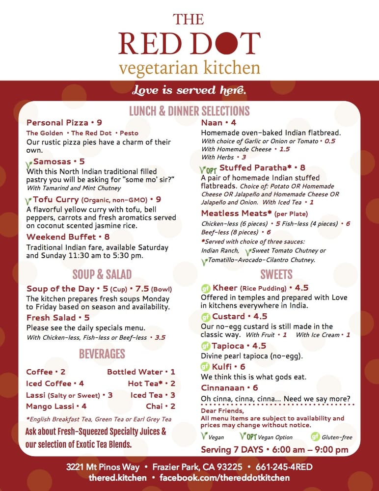 The Red Dot Vegetarian kitchen Menu 4 Frazier Park