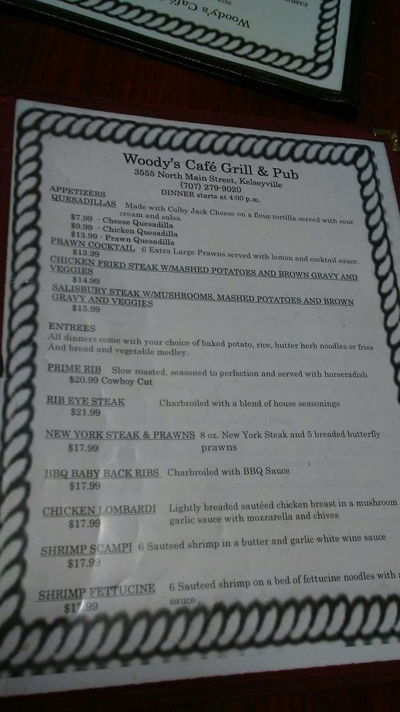 Woodys Cafegrill Pub Open for IndoorBackroomPatio Dining and Take Out Orders Menu 1