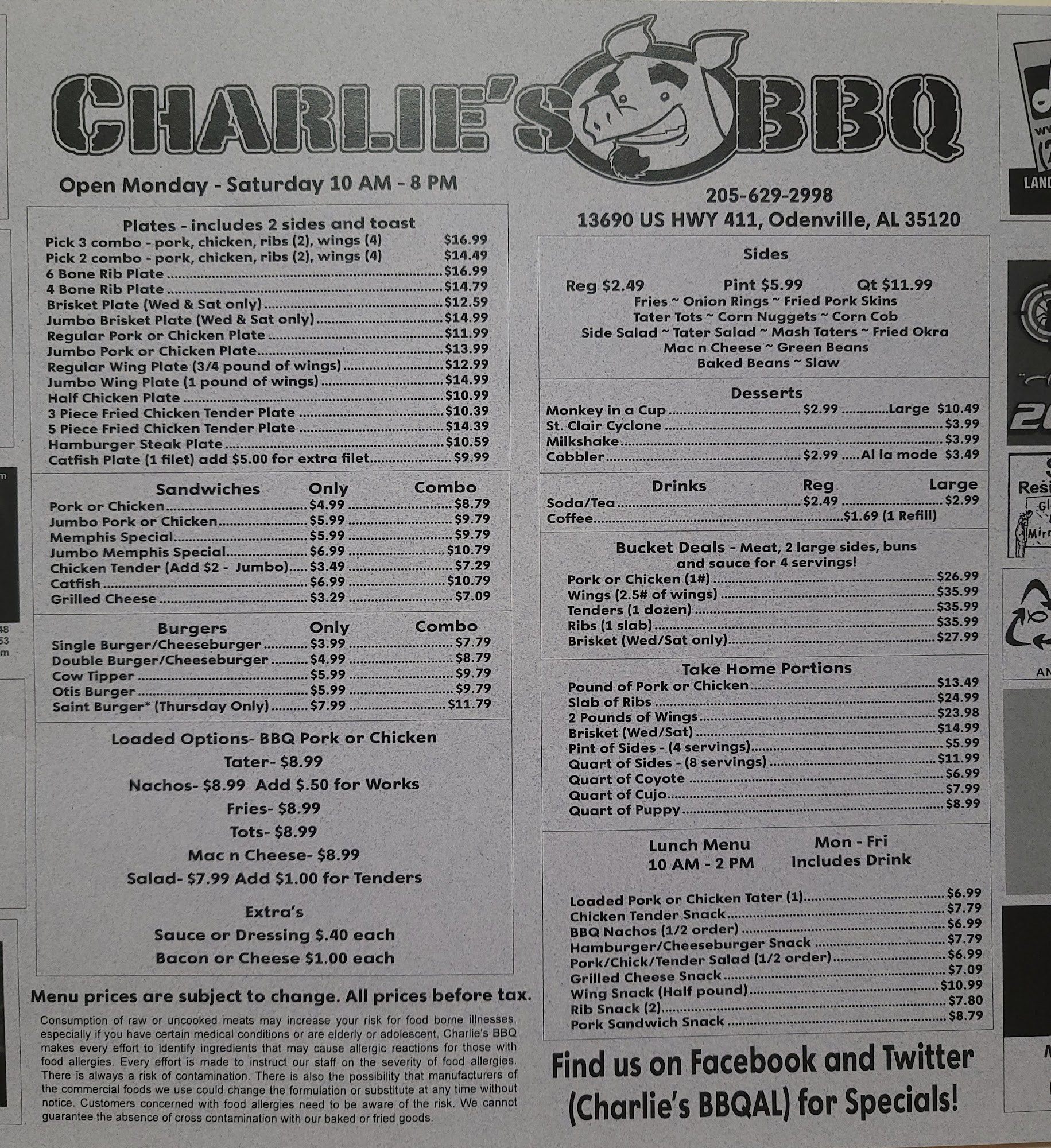 Charlies Barbeque Menu 10 Odenville