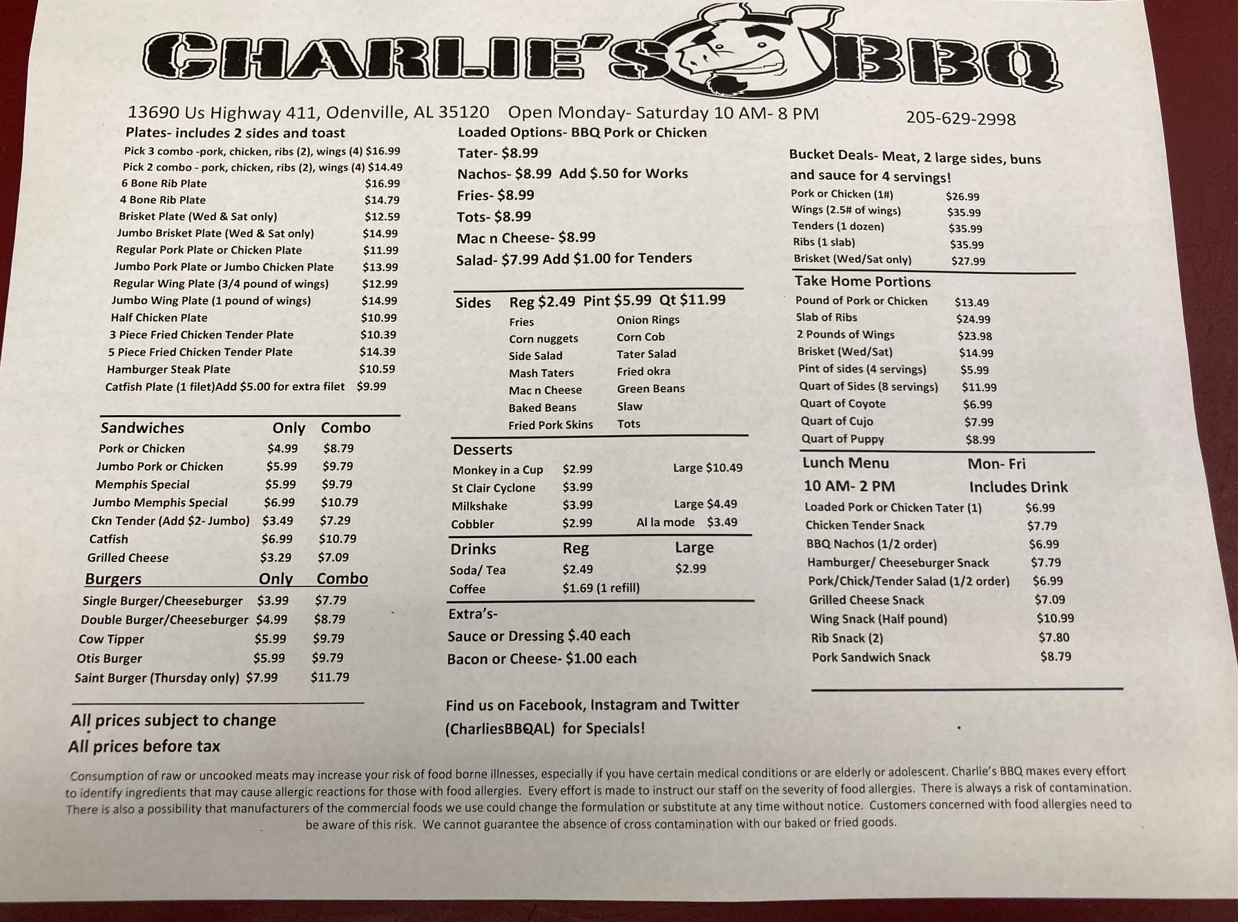 Charlies Barbeque Menu 4 Odenville