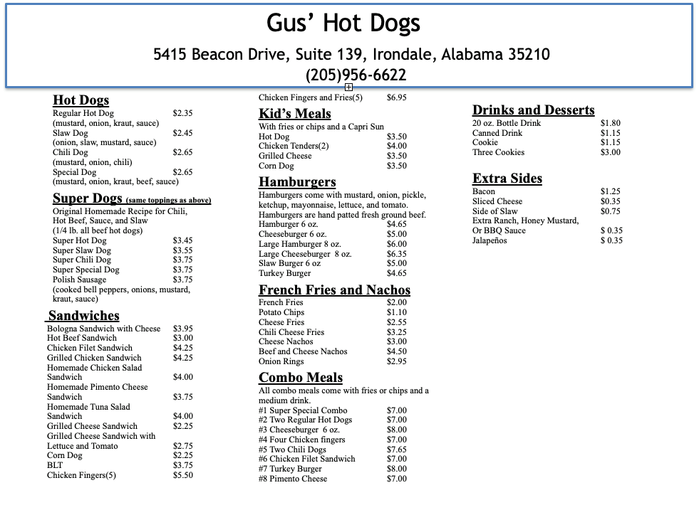Gus Hot Dogs Menu 1