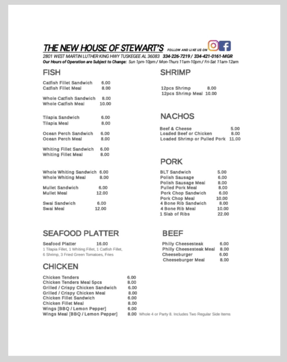 The New House Of Stewarts Menu 1 Tuskegee