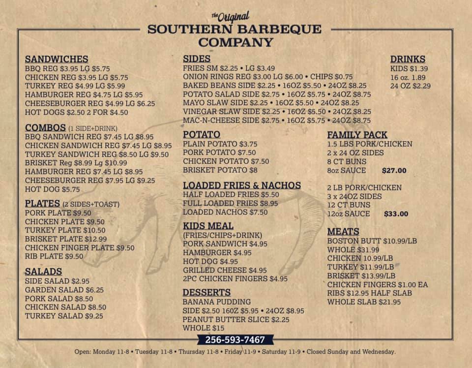 The Southern Barbeque Co Menu 1