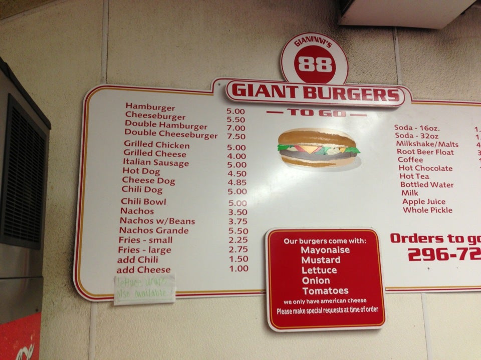 88 Giant Burgers To Go Menu 1 Pine Grove
