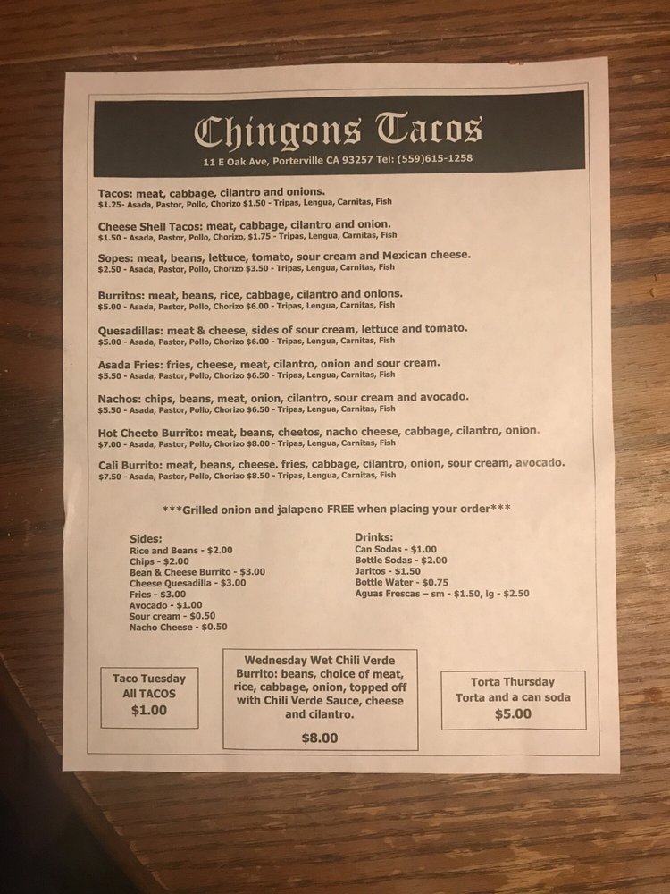 Chingons tacos Menu 7 Porterville