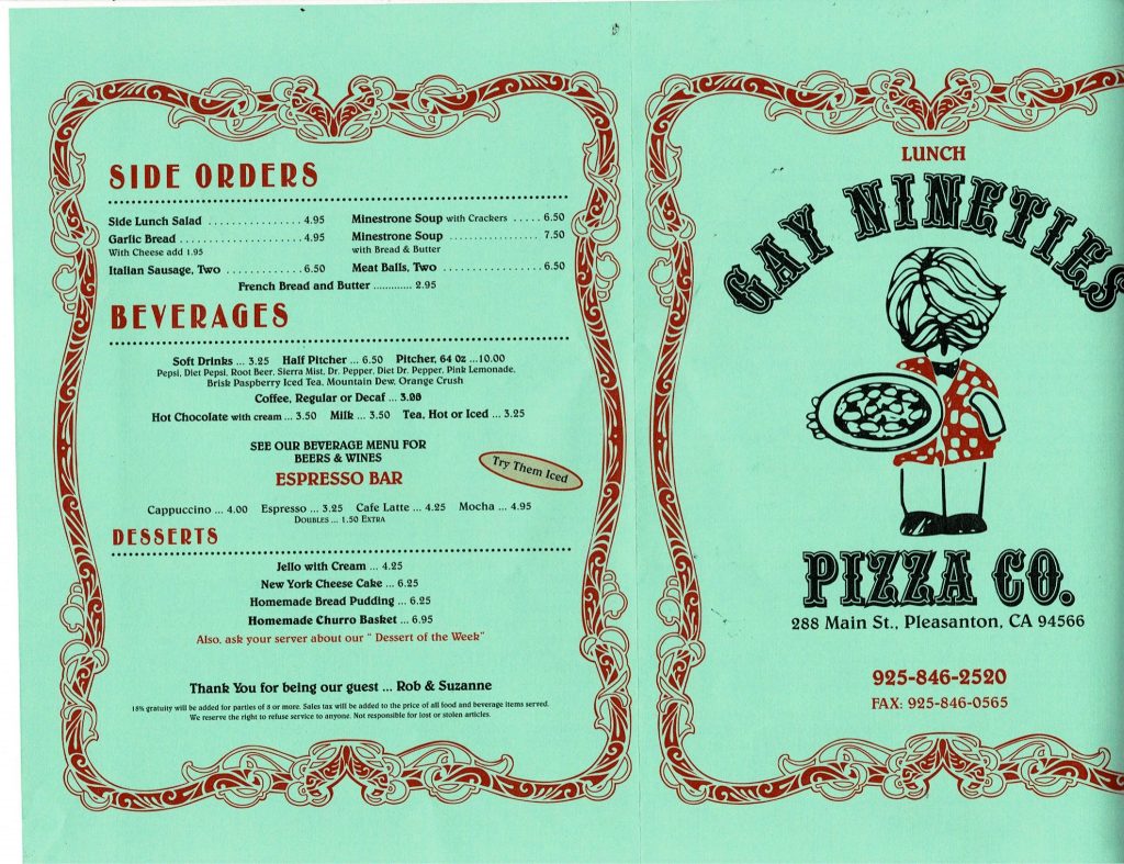 Gay Nineties Pizza Co Menu 12 Pleasanton