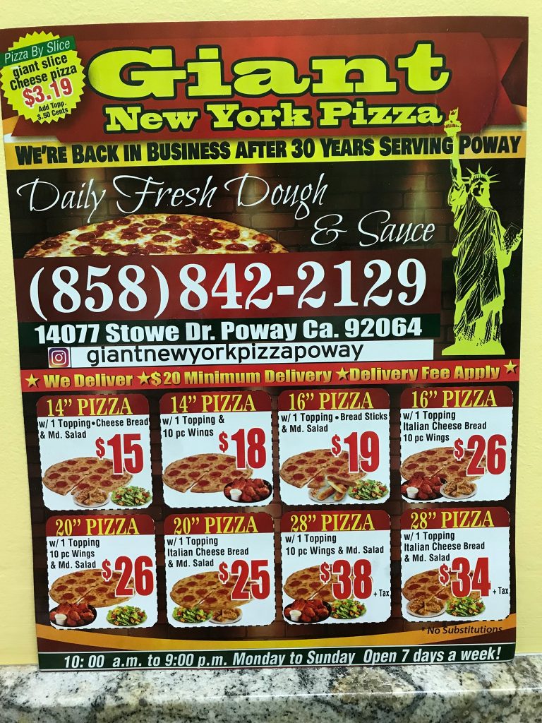 Giant New York Pizza Menu 1 Poway
