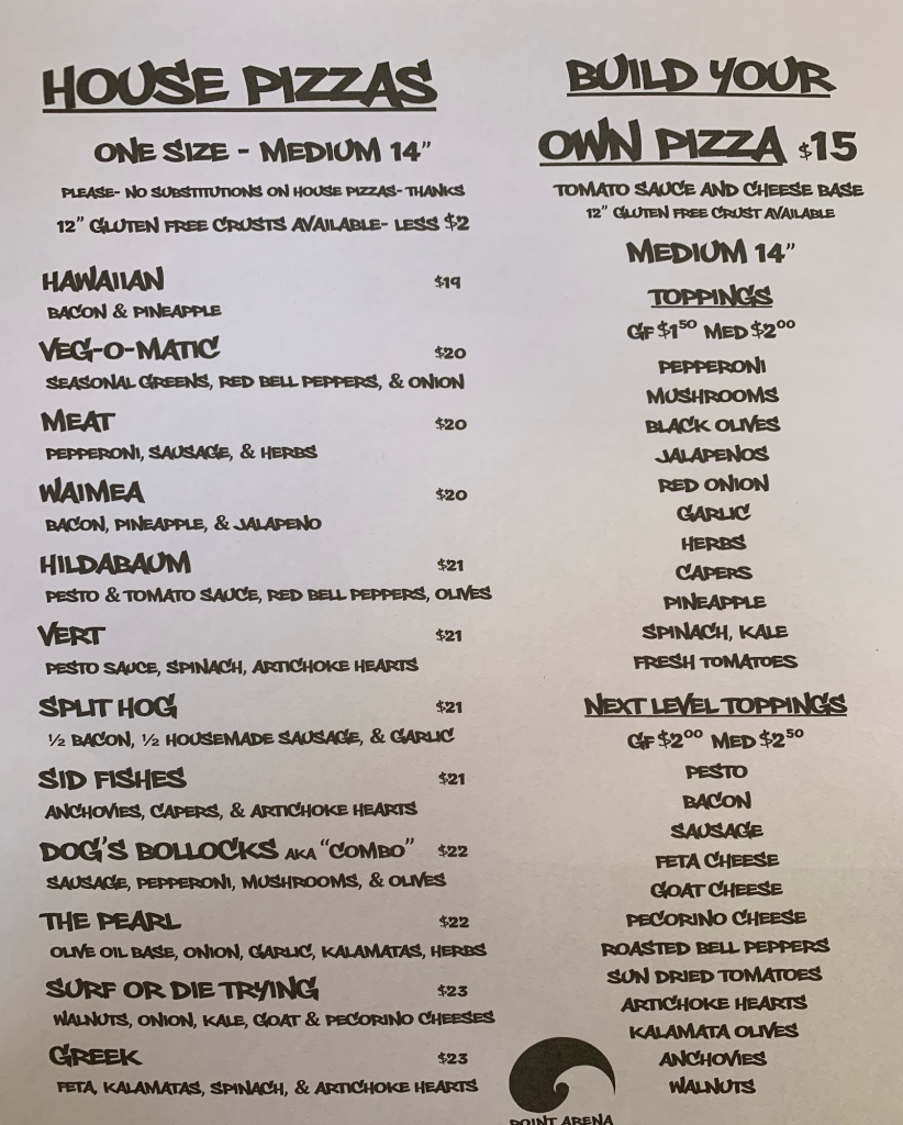 Point Arena Pizza Menu 6 Point Arena
