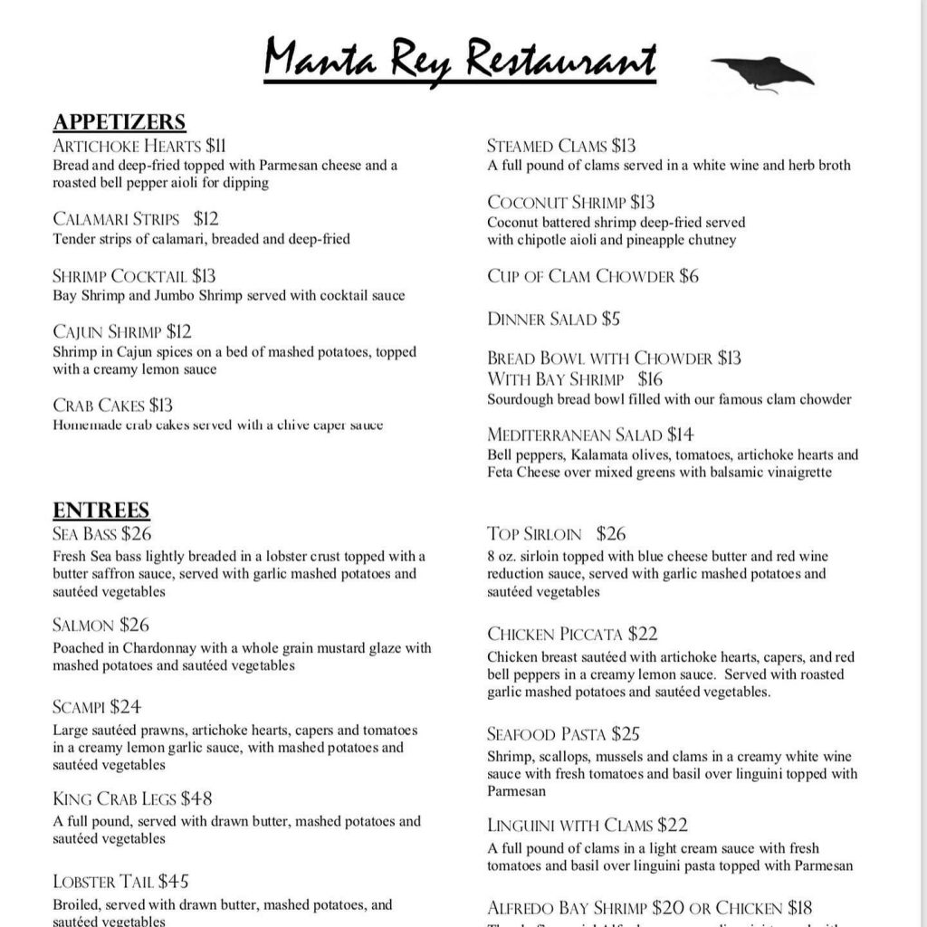 Manta Rey Restaurant Menu 2 San Simeon